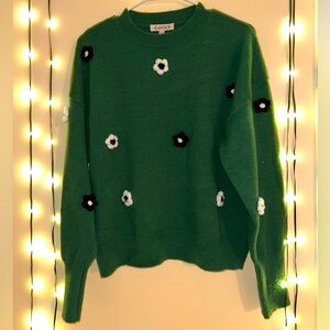 Nanette Lepore Sweater. L. Kelly Green. Crewneck. Flower Pom Pom.